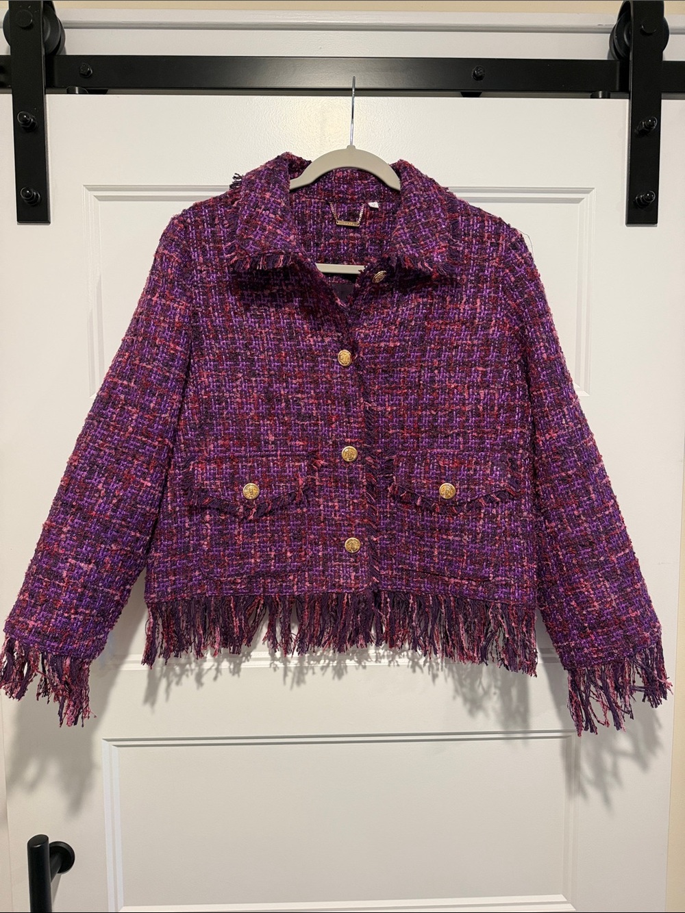 Chico's Purple Tweed Fringe Jacket with Gold Buttons